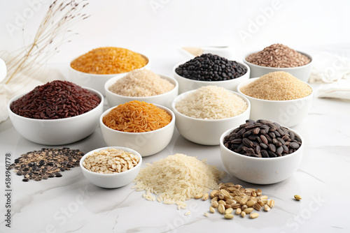 a variety of rice and grains on a white background, generative AI