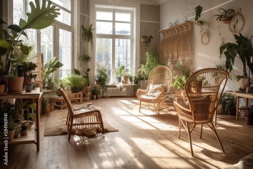 Charming interior garden with wicker chairs, houseplants in basket flowerpots, ancient wooden floor. Boho house, relaxing space in contemporary apartment. Home garden with many plants. Generative AI