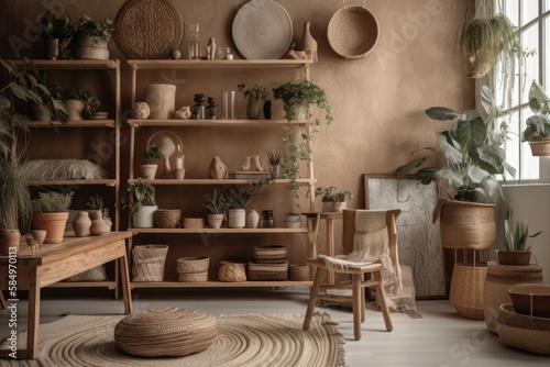 Boho living area with wooden shelves, exquisite furniture, wicker basket, and potted green houseplants. Wabi sabi shelf with modern house décor. Generative AI