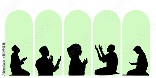 Traditionally clothed Muslim men and women making a supplication (salah) while sitting on a praying rug against the light green backdrop. Silhouette icon set includes 5 versions in different dress.