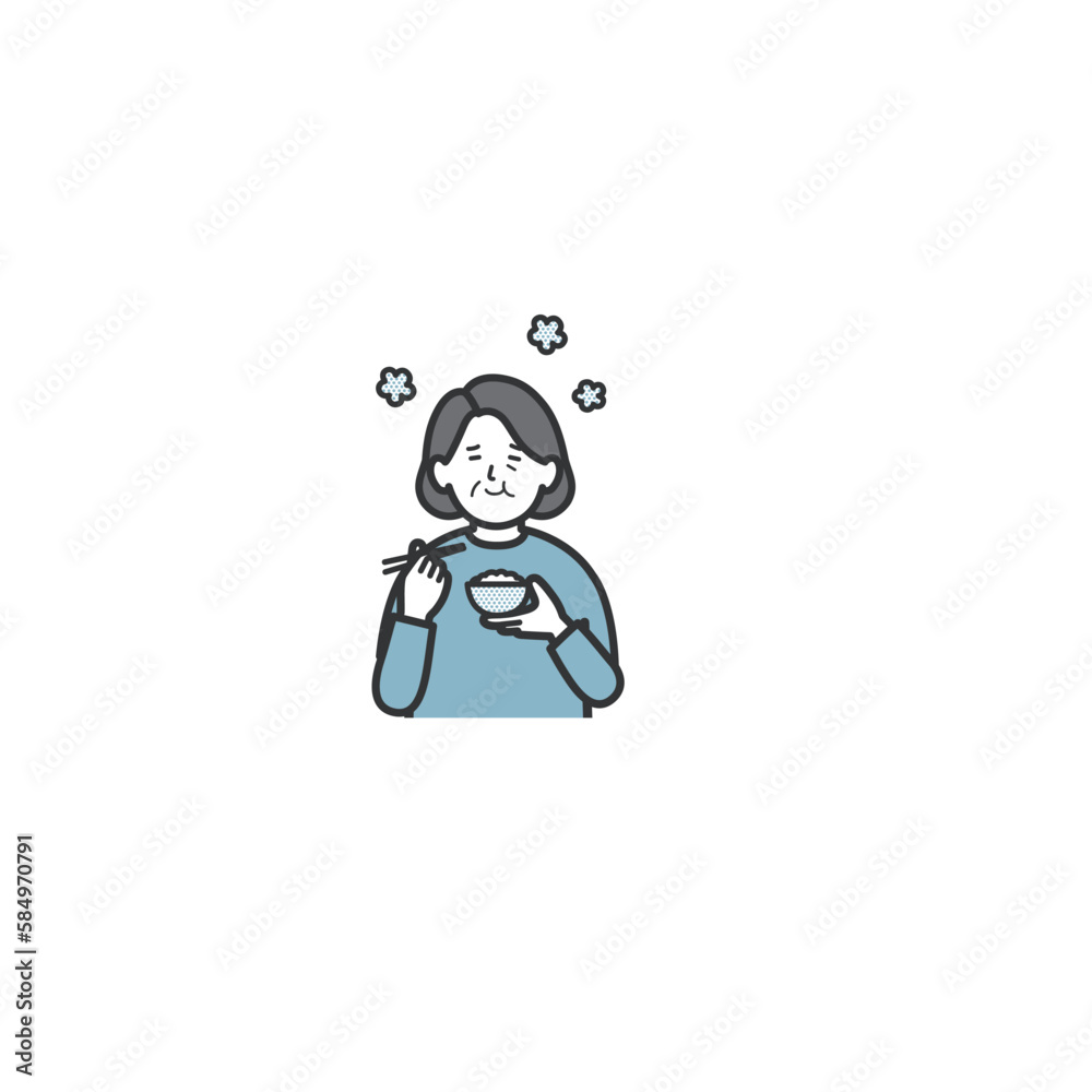 ご飯を食べて幸せを感じる年配女性のイラスト ご飯を食べて幸せを感じる年配女性のイラスト