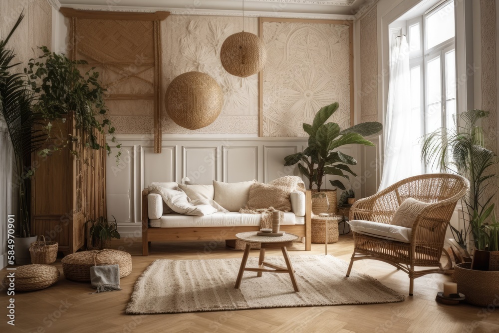 Boho style parquet and wallpaper living room. White and beige sofa, jute carpet, and rattan armchair and table. Bohemian decor,. Generative AI