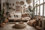 Modern bohemian living room with faux picture frames, beige macrame, and exquisite accessories. Interior design. Bohemianism. Generative AI