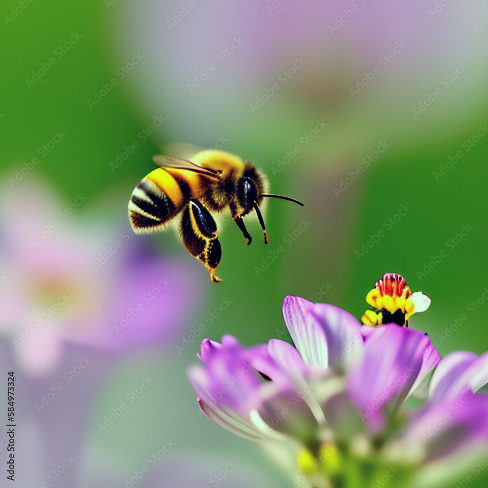 Bumble bee buzzing above a flower - generative AI Bumble bee buzzing above a flower - generative AI