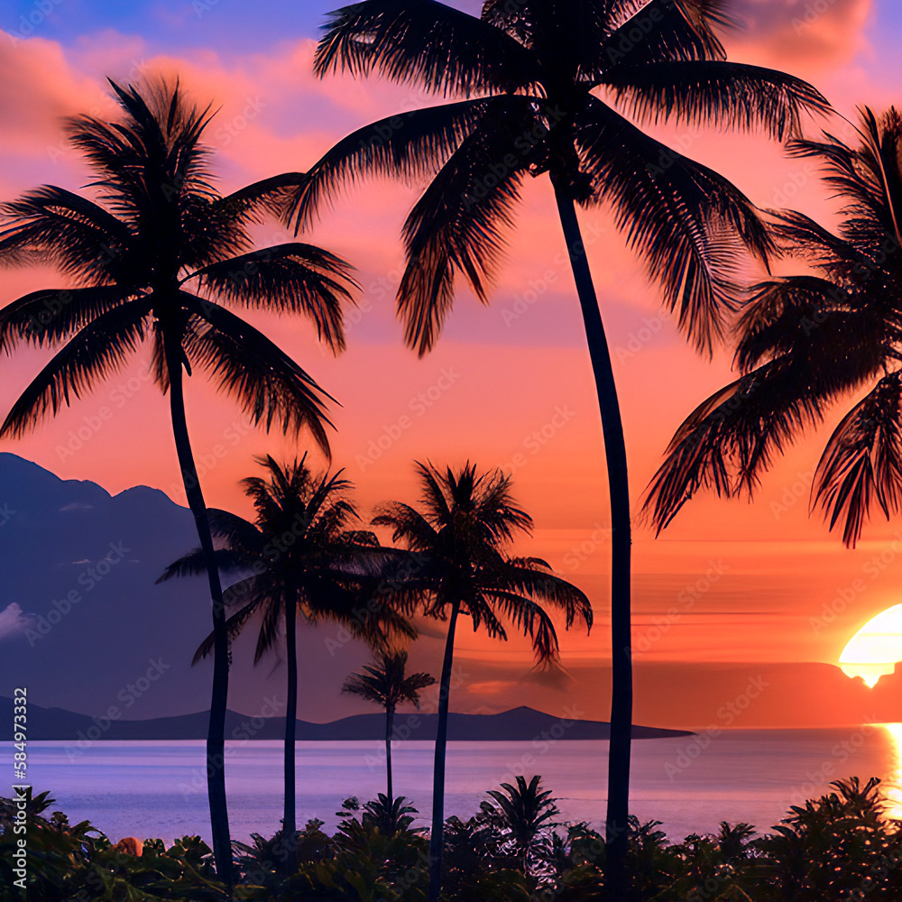 Tropical beach sunset with palm trees - generative AI