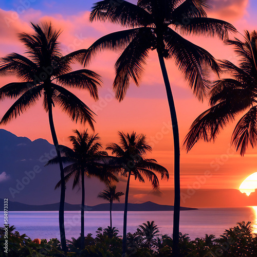 Tropical beach sunset with palm trees - generative AI