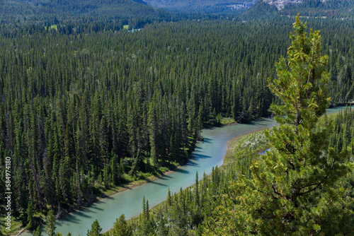 Canada landscape - Banff National Park, Alberta - summer travel to mountains, beautiful blue Bow river and coniferous forest.