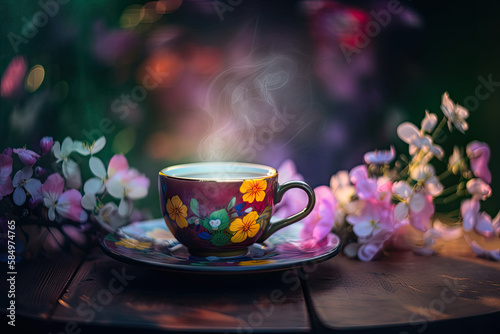 a coffee cup with a flower painted  smoke  on a table with many spring flowers  generative AI