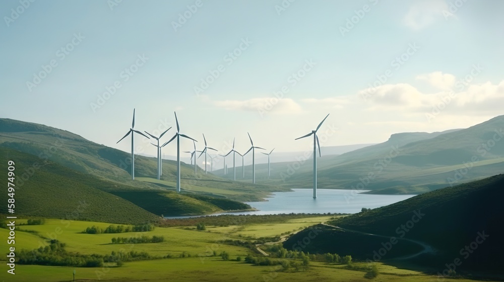 Wind turbines on landscape with green hills and river. Renewable energy concept. Generative AI