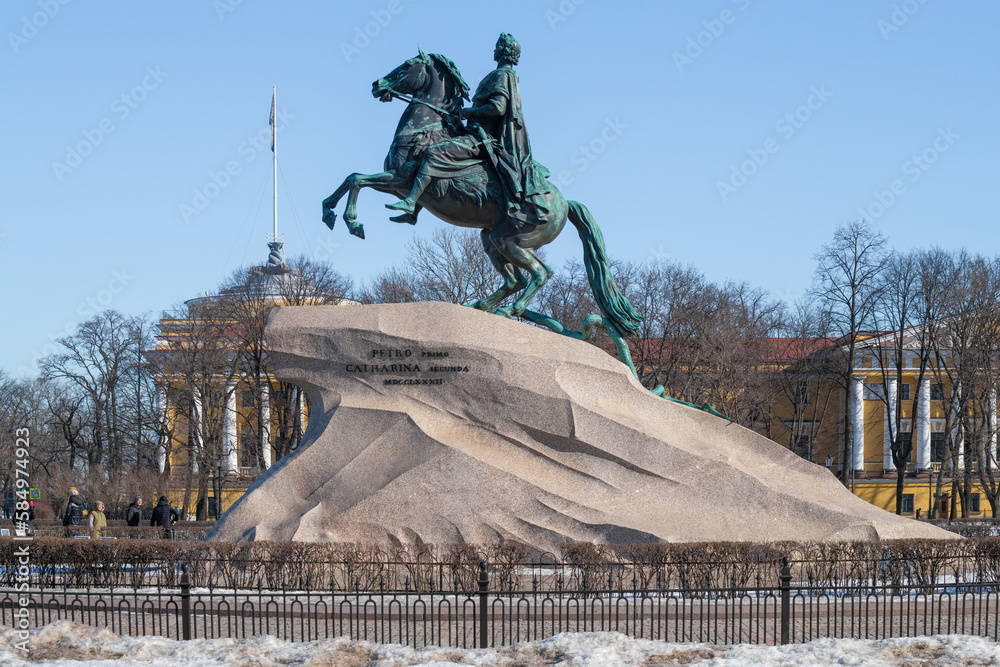 View of the monument to Peter I (The Bronze Horseman) on a sunny March day. Saint Petersburg