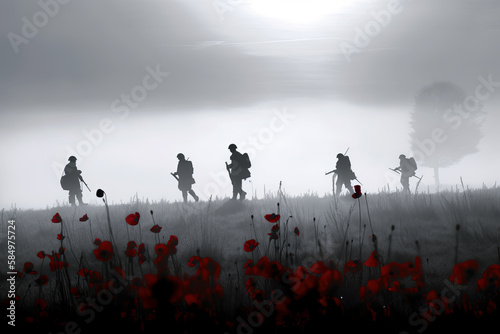 Silhouetted ANZAC Soldiers Among Red Poppies in the Mist. Generative AI