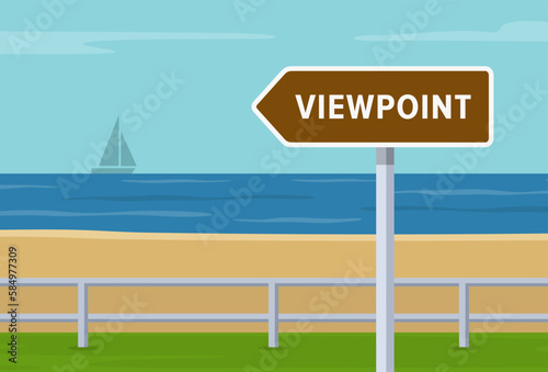 Close-up of viewpoint direction pointer sign on coast road. Summer season car driving. Flat vector illustration template.