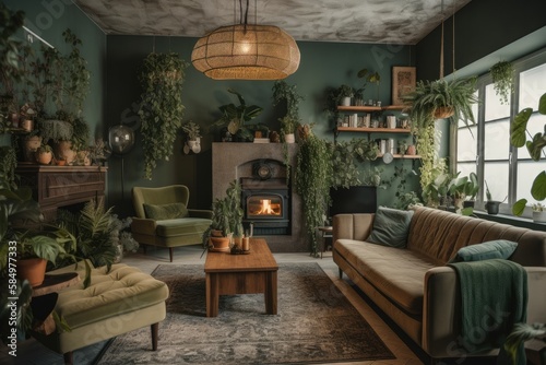 Living area with fireplace and green plants. Generative AI © AkuAku