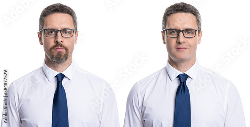 Fototapeta guy face stubble collage before and after isolated on white background