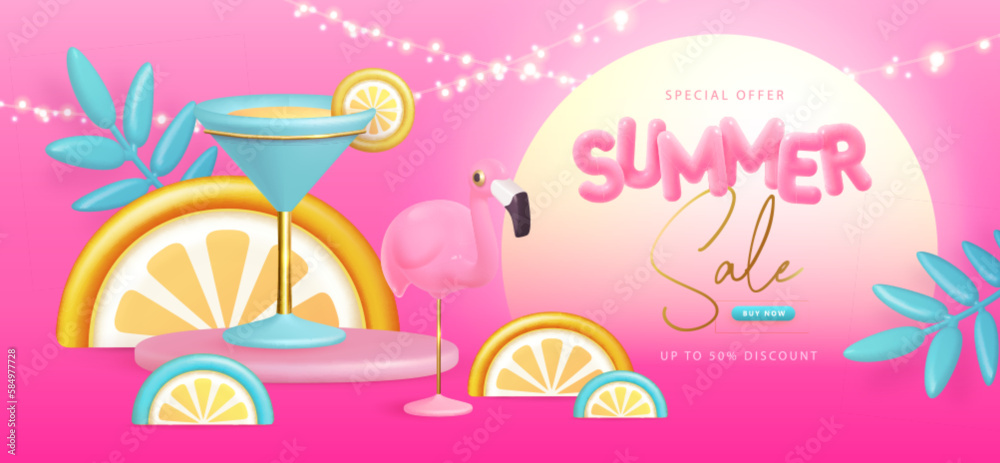 Summer big sale typography poster with 3d plastic text, flamingo and cosmopolitan cocktail. Summer background. Vector illustration