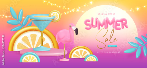 Summer big sale typography poster with 3d plastic text, flamingo and cosmopolitan cocktail. Summer background. Vector illustration.