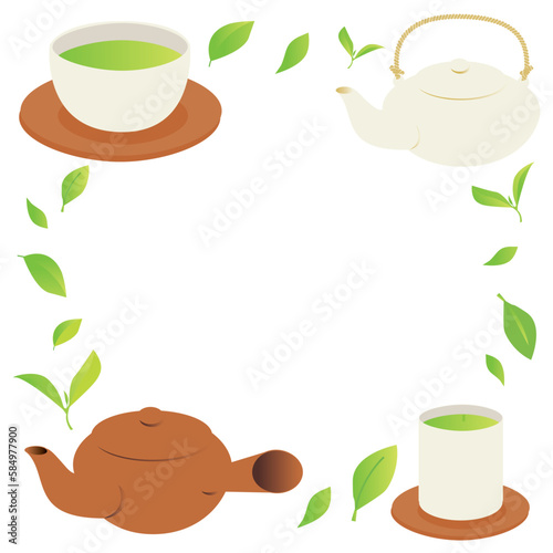 緑茶のイラスト正方形フレームセット_赤茶色