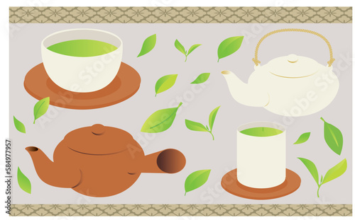 背景つき緑茶のイラストランダムセット_赤茶色系