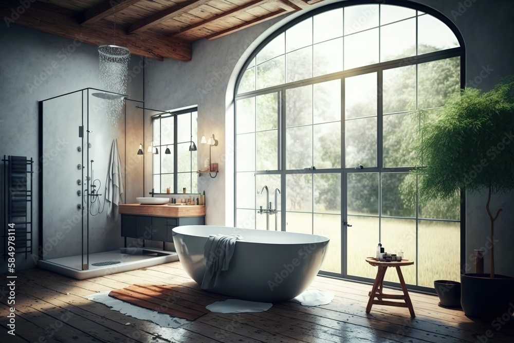 A bathroom with a freestanding bathtub and a rainfall showerhead. Generative Ai. A bathroom with a freestanding bathtub and a rainfall showerhead. Generative Ai.