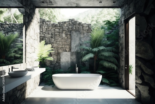 3d Tropical bathroom with stone walls and contemporary minimal design with jungle view. Generative Ai.