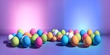 Photo of a vibrant display of Easter eggs on a wooden table