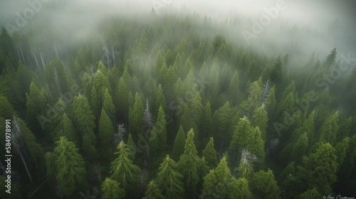 A Bird'S Eye View Of A Pine Forest, Naturalism, Anamorphic Widescreen, Thick Northern Pacific Rain Forest With Low Cloud, 2019 Trending Photo, Mist, Award Winning Magazine Photo, generative ai © Chingiz