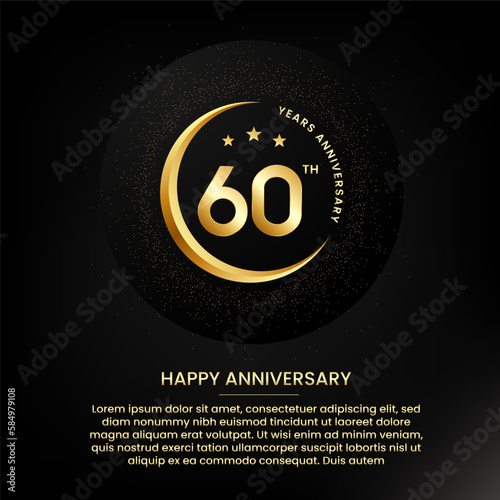 60 years anniversary with a half moon, stars, glitter and editable speech text. Golden half moon anniversary banner template with a golden number