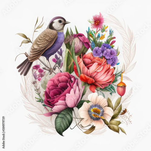 Vintage bouquet of beautiful flowers with Paradise Bird. Floral botanical background. Created with Generative AI. © ku4erashka