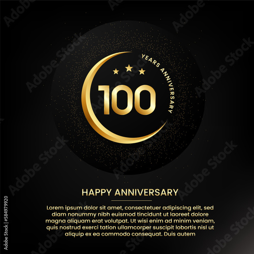 100 years anniversary with a half moon, stars, glitter and editable speech text. Golden half moon anniversary banner template with a golden number