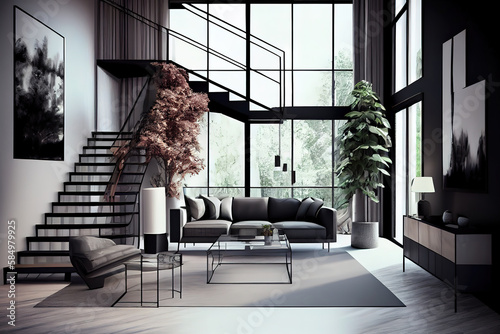 Large luxury modern bright interiors apartment living room. Generative Ai