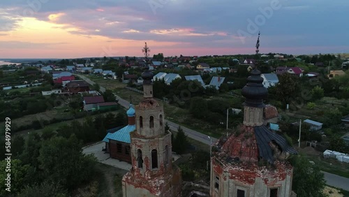 Wallpaper Mural Aerial of an abandoned church. Ruins of a chapel made of red bricks at sunset Torontodigital.ca