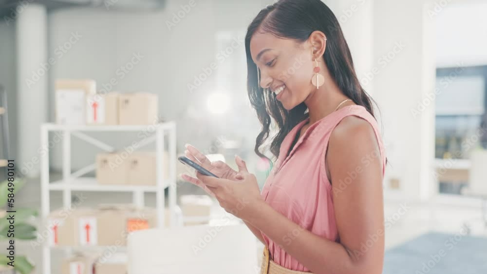 Business startup, phone and woman typing for fast communication, logistics management and social media chat. Happy indian person, seller or entrepreneur with smartphone for contact us on mobile app Business startup, phone and woman typing for fast communication, logistics management and social media chat. Happy indian person, seller or entrepreneur with smartphone for contact us on mobile app