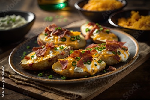 A plate of loaded potato skins with bacon, cheese, and chives. Generative AI