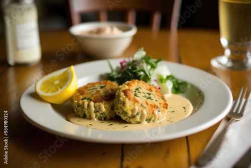 A shot of a plate of crab cakes with remoulade sauce and lemon wedges. Generative AI