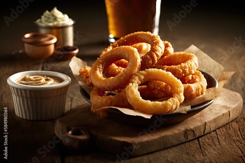 A shot of crispy beer-battered onion rings served with dipping sauce. Generative AI