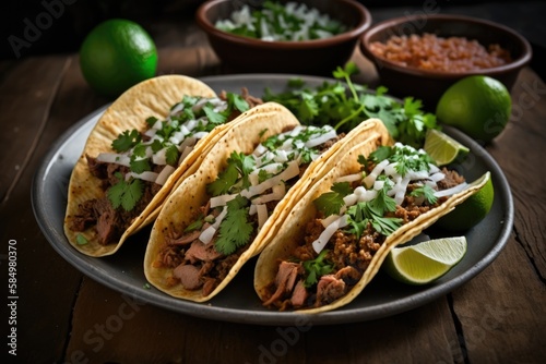 A shot of a plate of street-style tacos with seasoned meat, fresh cilantro, and lime wedges. Generative AI
