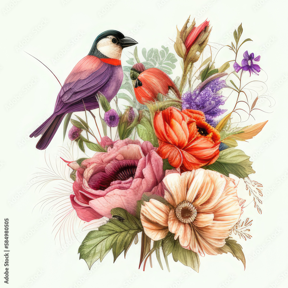 Vintage bouquet of beautiful flowers with Paradise Bird. Floral botanical background. Created with Generative AI.