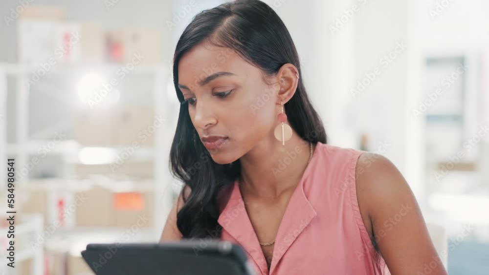 Tablet, startup business and woman with logistics management, documents analysis and market research scroll. Serious indian person working with paperwork and digital tech for e commerce planning