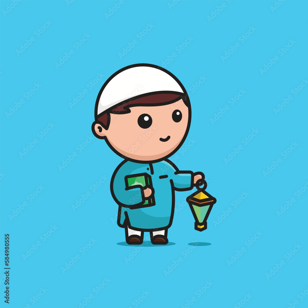 Cute boy moslem bring al quran and lentera lamp cartoon illustration people religion vector