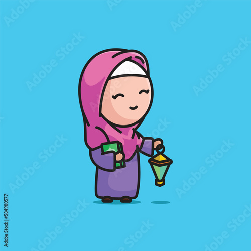 Cute girl moslem bring al quran and lentera lamp cartoon illustration people religion vector