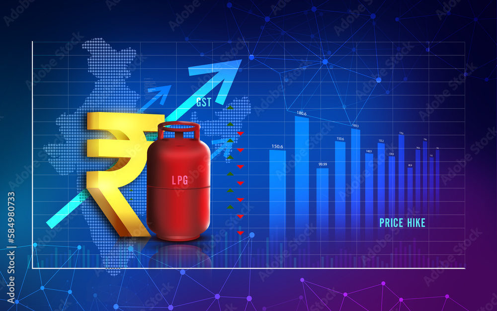 LPG PRICE HIKE INDIA. prices hike of cooking gas. illustration with