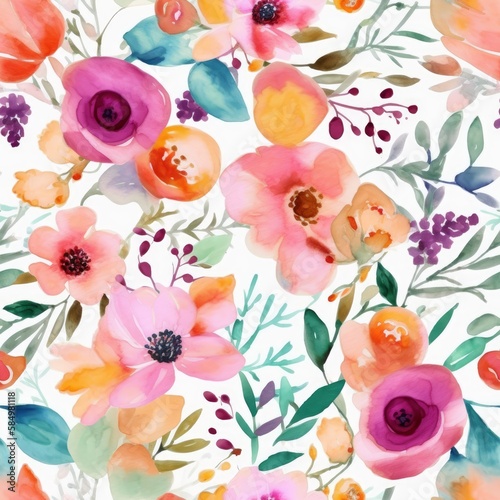 Watercolor Floral Tiled Pattern, Flowers Pattern
