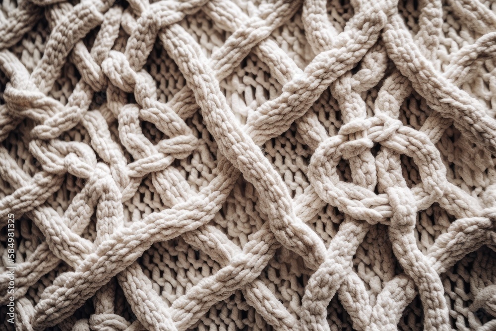 Handmade macrame texture closeup. Homemade knitting natural decoration. Flatlay. Generative AI