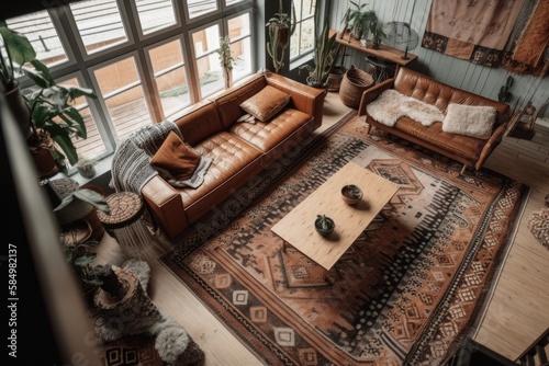 Bohemian living room from above. Portion of oriental carpet beside plaid, cushioned eco leather couch. Modern apartment decor and hygge furniture. Generative AI