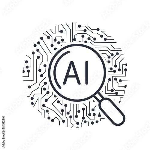 Electronic microcircuit and magnifying glass. Smart search assistant information. Artificial intelligence AI.  Vector linear icon isolated on white background.
