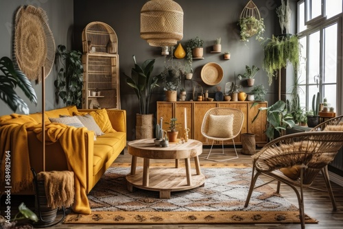 Boho living room in great apartment with gray couch, wooden desk, bamboo shelf, coffee table, honey yellow cushions, plants, and exquisite accessories. Wall mounted mockups. Generative AI