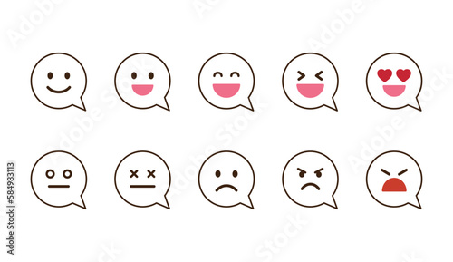 Speech bubble with emotions icon set. Vector set of cartoon character sentiment icon. Various facial expressions including happy, neutral, sad, angry. Emoji social network reactions icon. 