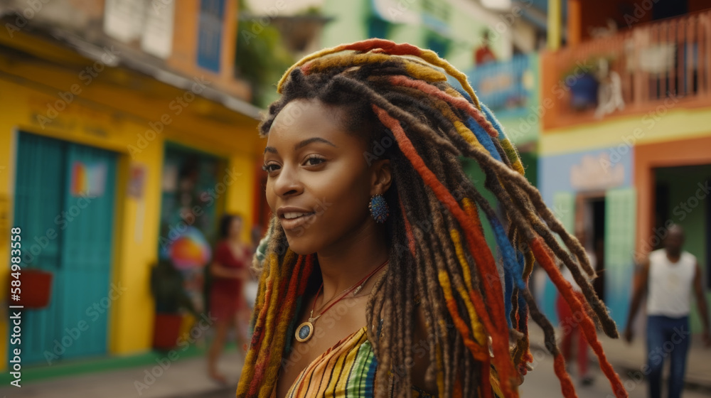 beautiful young  afro woman wearing colorful dreadlocks in her hair, Generative AI