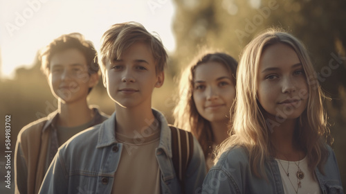 Portrait of a small group of carefree teenagers looking at camera, Generative AI