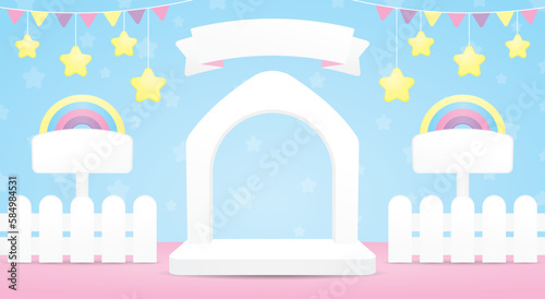 cute white house shape arch frame backdrop display stage scene with fence and rainbow signboard and hanging stars 3d illustration vector in kawaii style